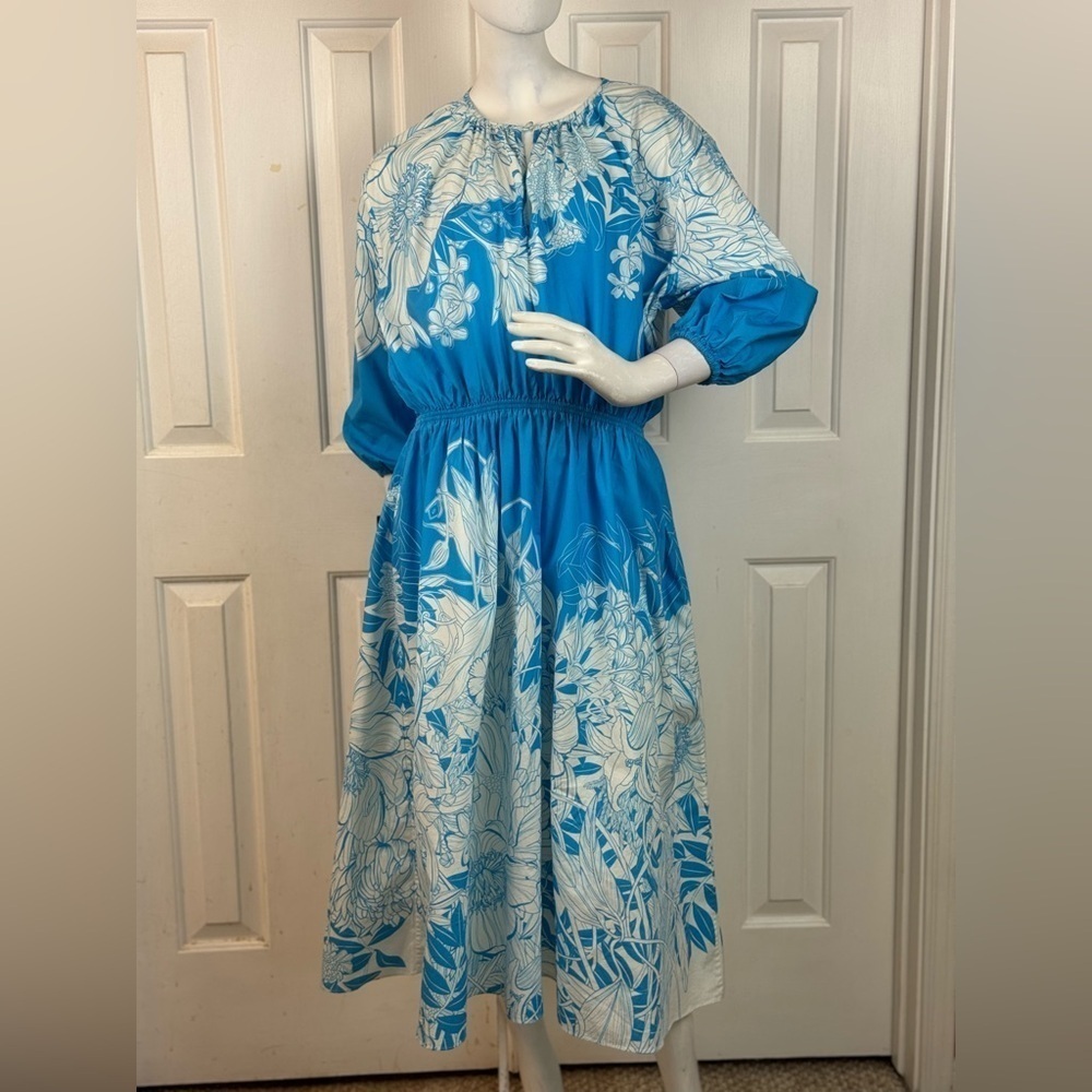 MARY KATRANTZOU Blue and White Floral Midi Dress